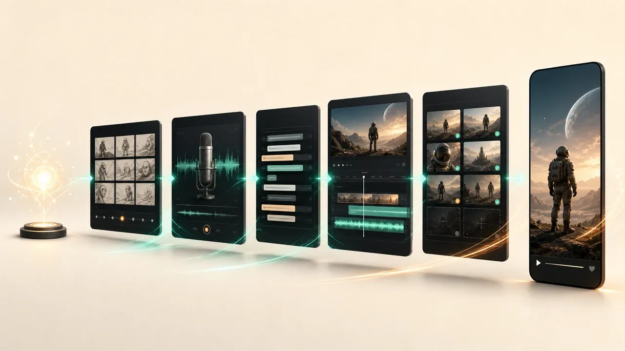 Video workflow: idea, storyboard, voice, subtitles, render, QA, and caption