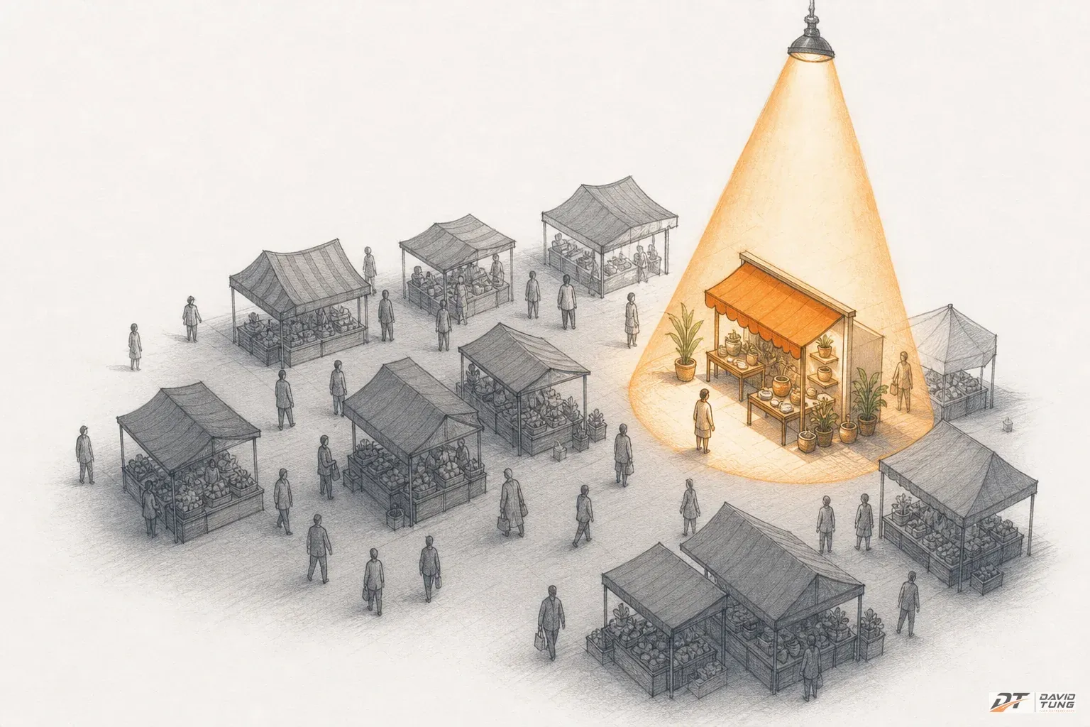 Ngọn đèn pha chiếu đúng một ngách thị trường, bỏ qua phần còn lại, vẽ tay 3D trên nền giấy trắng, accent cam